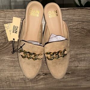 Madden NYC Tan Suede Chain-Trim Slip-On Mules
